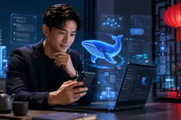 Man kijkt naar telefoon en gebruikt DeepSeek AI