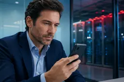 Man kijkt naar smartphone, servers op de achtergrond