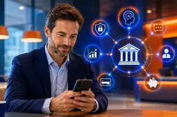 Man gebruikt een smartphone in een moderne bankomgeving met blauwe en oranje accenten en AI-visualisaties voor digitale financiële diensten.
