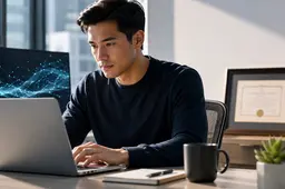 Een professional werkt op een laptop in een modern kantoor, terwijl op de achtergrond rustig een ingelijst universitair diploma staat.