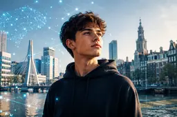 Jongere in een Nederlandse stedelijke omgeving met subtiele blauwe AI-netwerken en digitale verbindingen rondom hem.