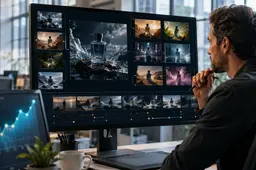 Een creatief professional beoordeelt meerdere AI-gegenereerde varianten van een reclamevideo in een digitale productieworkflow.