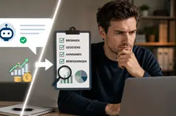 Een man controleert AI-gegenereerde beleggingsinformatie op een laptop terwijl een visuele checklist voor bronnen, gegevens, aannames en berekeningen de nadruk legt op zorgvuldig onderzoek in plaats van blind vertrouwen.