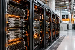 AI-reken-servers in een groot datacenter die de geplande investering van Alibaba in chips, infrastructuur en AI-modellen vertegenwoordigen.