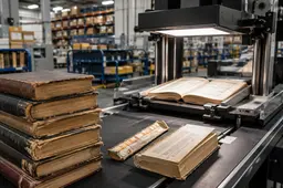 Oude tweedehands boeken worden verwerkt bij een industriële boekscanner in een magazijnomgeving.
