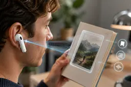 Draadloze oordopjes met kleine visuele sensoren analyseren een boek terwijl de drager ernaar kijkt.