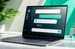 Laptop met abstracte AI-chatinterface in een heldere werkruimte met teal- en smaragdgroene accenten.