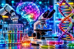 AI-gestuurde biotechnologielabscène met DNA, microscoop, robotica en kleurrijke reageerbuizen in felle neonkleuren.
