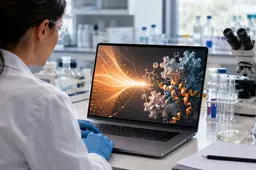 Onderzoeker gebruikt Claude voor biologische analyse op een laptop in een modern laboratorium.