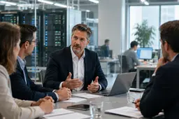 Bedrijfsleiders bespreken AI-strategie in een moderne vergaderruimte met digitale infrastructuur op de achtergrond.