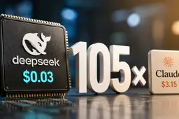 Edit  DeepSeek-chip naast een kleinere Claude-chip met een prominente “105×”-vergelijking die het grote kostenverschil tussen de benchmarkresultaten visueel benadrukt.