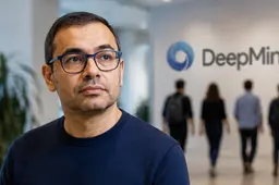 Demis Hassabis staat in een modern AI-kantoor, met op de achtergrond enkele vervaagde collega's die weglopen; dit symboliseert de wisseling van de wacht en het vertrek van medewerkers bij Google DeepMind.