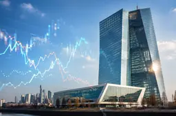 ECB-hoofdkantoor in Frankfurt met abstracte marktgrafieken die blootstelling aan Amerikaanse technologieaandelen verbeelden.