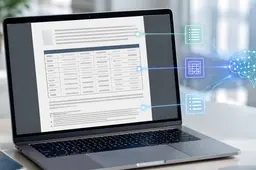 Laptop met een PDF waarin een tabel en voetnoten zichtbaar zijn, gekoppeld aan een AI-analysevisualisatie.