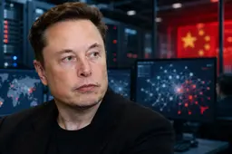 Elon Musk voor servers en netwerkvisualisaties, met rode Chinese symboliek op de achtergrond.