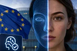 Vrouwengezicht half natuurlijk, half digitaal, met EU-vlag en keurmerk voor herkenbare AI-content.