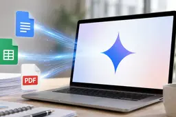 Gemini op een laptop met document-, spreadsheet- en pdf-bestanden die digitaal naar de AI-workspace worden overgebracht.