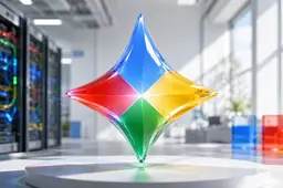 Gemini-geïnspireerde AI-visual in een heldere technische omgeving met subtiele blauwe, rode, gele en groene accenten.