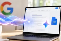 Google Docs op een laptop met Gemini AI-accenten in de kleuren blauw, paars en Google-kleuren.
