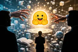 Hugging Face centraal in een AI-infrastructuurnetwerk, terwijl zakelijke partijen zichtbaar naar het platform reiken.