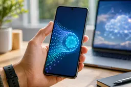 Android-smartphone met lokale AI-visualisatie in een lichte werkruimte, met een laptop onscherp op de achtergrond.