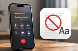 iPhone tijdens een opgenomen telefoongesprek, naast een visuele aanduiding dat Nederlandse transcriptie niet beschikbaar is.