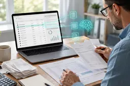 Ondernemer controleert financiële documenten terwijl AI boekhoudgegevens op een laptop verwerkt.