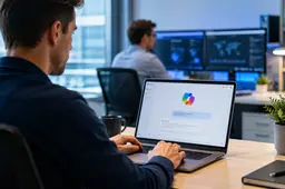 Werknemer gebruikt Copilot op een zakelijke laptop terwijl een IT-beheerder op de achtergrond systemen monitort.