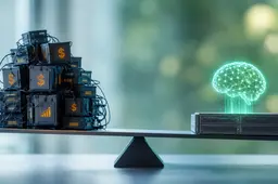 AI-infrastructuur op een balans, met complexe hardware tegenover een efficiëntere serveropstelling voor schaalbaar AI-gebruik.