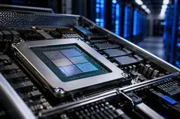 AI-acceleratorhardware in een modern datacenter, die de toekomstige Maia 300-chip van Microsoft vertegenwoordigt.