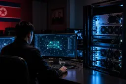 Operator werkt naast lokale AI-servers in een Noord-Koreaanse cyberomgeving.