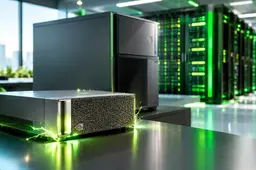 Compact AI-systeem met groene accenten en vonken voor serverracks die de schaal van Nvidia DGX-infrastructuur tonen.