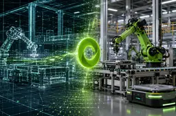 Robotic factory with a digital twin visualization connecting simulated and physical automation systems.
