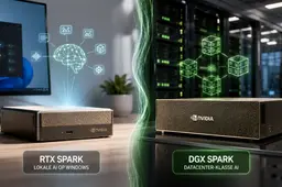 Compact Nvidia RTX Spark running local AI beside a Windows workstation, contrasted with a DGX Spark system.