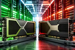 Twee AI-GPU-accelerators in een datacenter, tegenover elkaar met groene en rood-oranje verlichting.