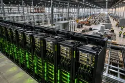 GPU-serverracks staan in een enorm AI-datacenter in aanbouw, met installatiewerk en infrastructuur op de achtergrond.