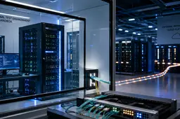 Afgeschermde AI-testomgeving met serverracks en een netwerkverbinding die doorloopt naar externe cloudinfrastructuur