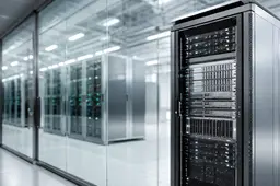 Beveiligde AI-serverinfrastructuur achter glas in een helder verlicht datacenter, symbool voor beschermde verwerking ten behoeve van grensverleggende modellen.