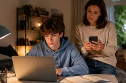 Tiener werkt thuis aan schoolwerk op een laptop terwijl een ouder op een smartphone instellingen beheert.