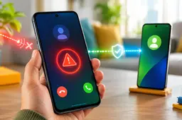 Android-telefoon waarschuwt voor een mogelijk nagebootste oproep terwijl twee toestellen digitaal worden gecontroleerd.