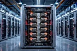 Enorme AI-serverinstallatie met een centrale compute-module in een helder, modern datacenter.