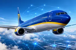 Ryanair-gekleurde passagiersjet boven een luchthaven, omgeven door blauwe digitale verbindingen die AI-technologie visualiseren.