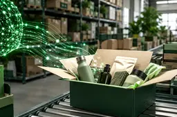 Online bestellingen in een helder fulfilmentcentrum met groene lichtstromen die AI-gestuurd winkelverkeer verbeelden.
