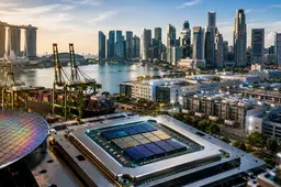 De skyline, de haven en de infrastructuur voor halfgeleiders van Singapore, die symbool staan ​​voor economische groei aangedreven door wereldwijde investeringen in AI.