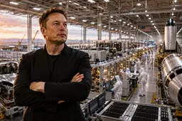 Elon Musk met geavanceerde AI-chipfabriek met halfgeleiderapparatuur, voertuigproductie en ruimtevaartcomponenten in een grootschalige industriële faciliteit.
