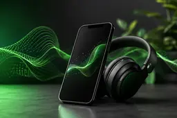 Smartphone en koptelefoon, verlicht met accenten in Spotify-groen en abstracte audiopatronen die verwijzen naar muziekstreaming op basis van AI.