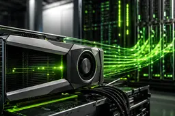 NVIDIA-green compute paths illuminate a GPU and server hardware, representing CUDA software accelerating GPU workloads.