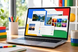 Een onbeheerde laptop in een lichte werkruimte, die symbool staat voor Gemini Spark dat autonoom digitale taken uitvoert.
