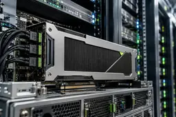 GPU-accelerator in een modern datacenter, omringd door serverracks voor krachtige AI-computing.