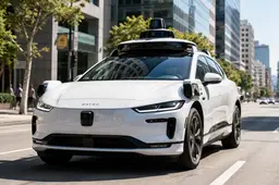 Een autonome robotaxi van Waymo rijdt door een helder verlichte stadsstraat, waarbij het sensorsysteem op het dak duidelijk zichtbaar is.